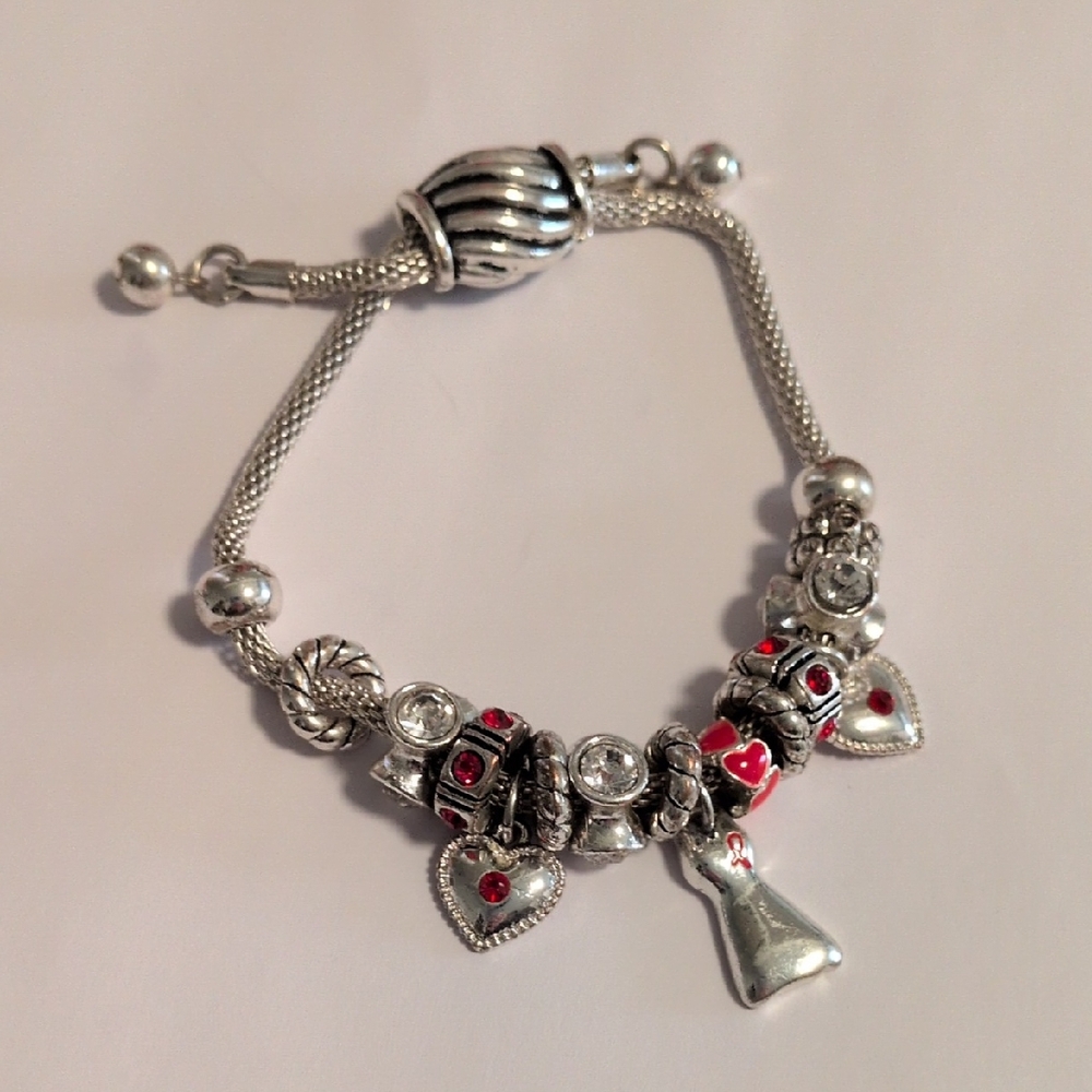 Silver and Red Rhinestones Heart Dress Cancer Awareness Charm Bracelet